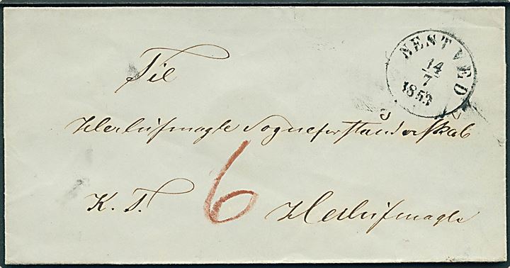 1853. Ufrankeret tjenestebrev mærket K.T. med antiqua Nestved d. 14.7.1853 til Herlufmagle Sogneforstanderskab. Påskrevet 6 sk. porto.