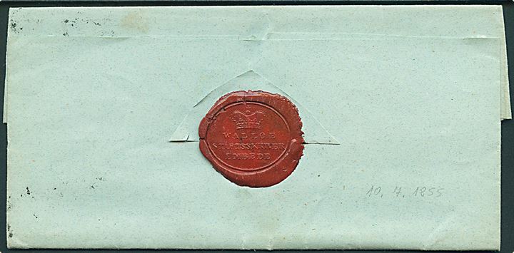 1855. Ufrankeret dobbeltbrev fra Walløe Stiftsskriver Embede med antiqua Kjøge d. 10.7.1855 til Baron von Hobe til Baroniet Geltingen i Slesvig. Påskrevet 12 sk. porto.
