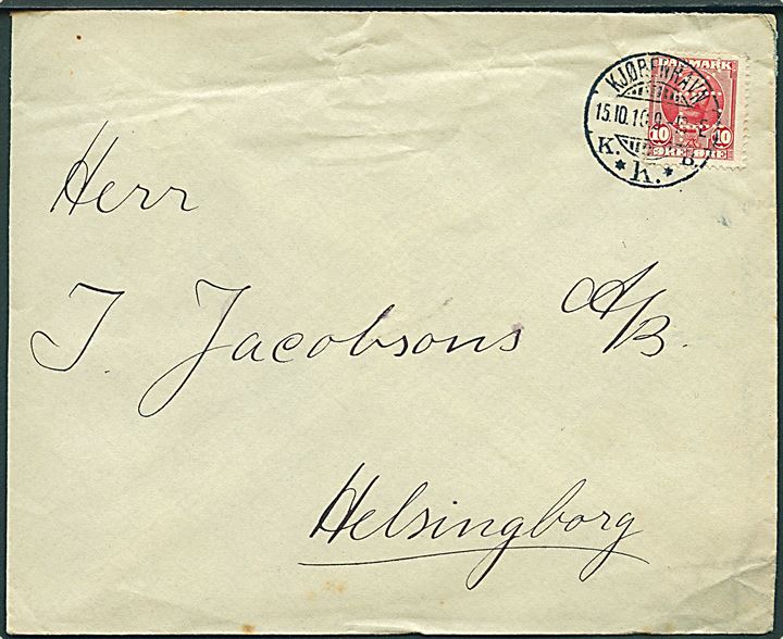 10 øre Fr. VIII med perfin T.K på fortrykt kuvert fra Theo. Kliatschko i Kjøbenhavn d. 15.10.1910 til Helsingborg, Sverige.