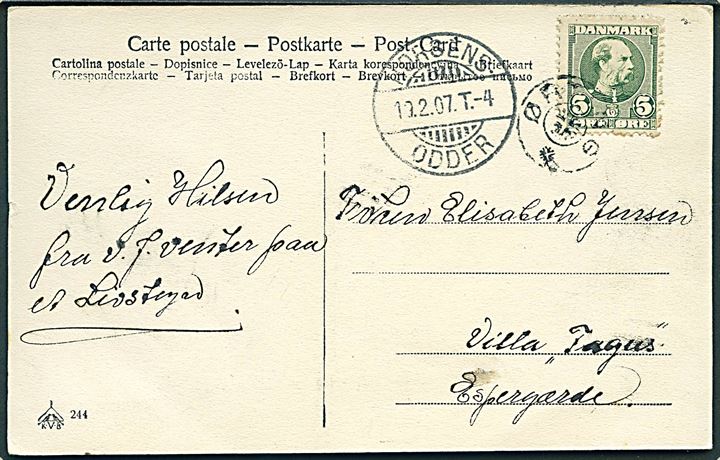 5 øre Chr. IX på brevkort annulleret med stjernestempel ØRTING (type 2) og sidestemplet bureau Horsens - Odder T.4 d. 19.2.1907 til Espergærde.