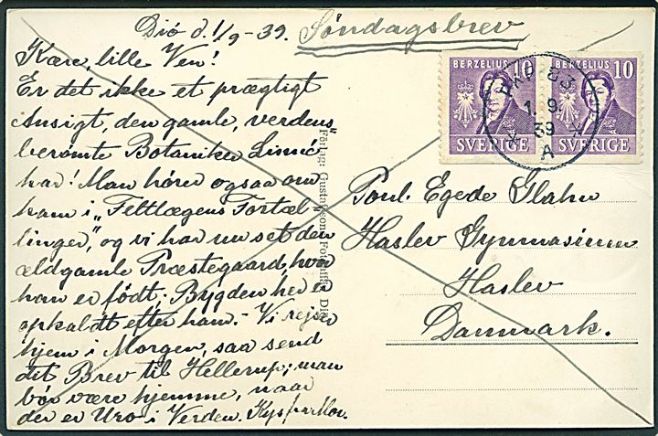 10 öre Berzelius i parstykke på søndagsbrevkort fra Diö annulleret med bureaustempel PKP 83 d. 1.9.1939 til Haslev, Danmark. Uden dansk tillægsfrankering.
