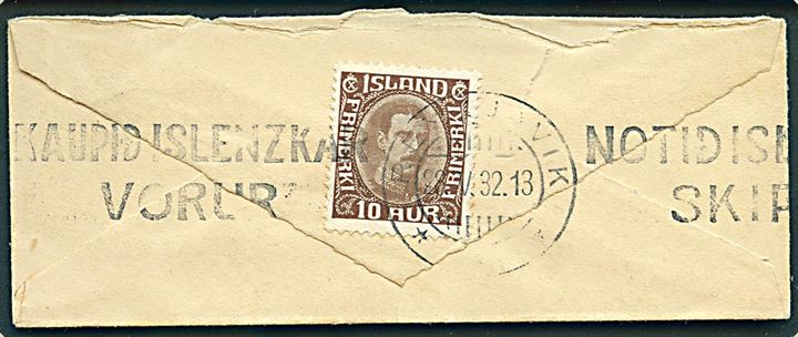10 aur Chr. X på bagsiden af lille lokalbrev i Reykjavik d. 28.5.1932.