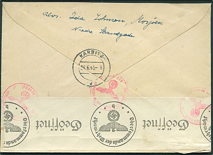 25 øre Løve i parstykke på anbefalet brev fra Mosjøen d. 15.6.1943 til Karbitz, Sudetengau, Tyskland. Åbnet af tysk censur i Berlin.