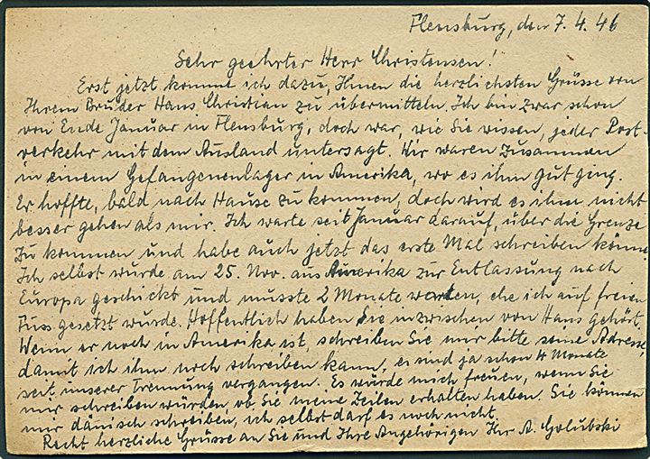 20 pfg. og 25 pfg. Bizone udg. på brevkort stemplet Flensburg Reichpost d. 8.4.1946 til Højer, Danmark. Sendt fra flygtning (?) i Munketoft Lager Baracke III i Flensburg. 