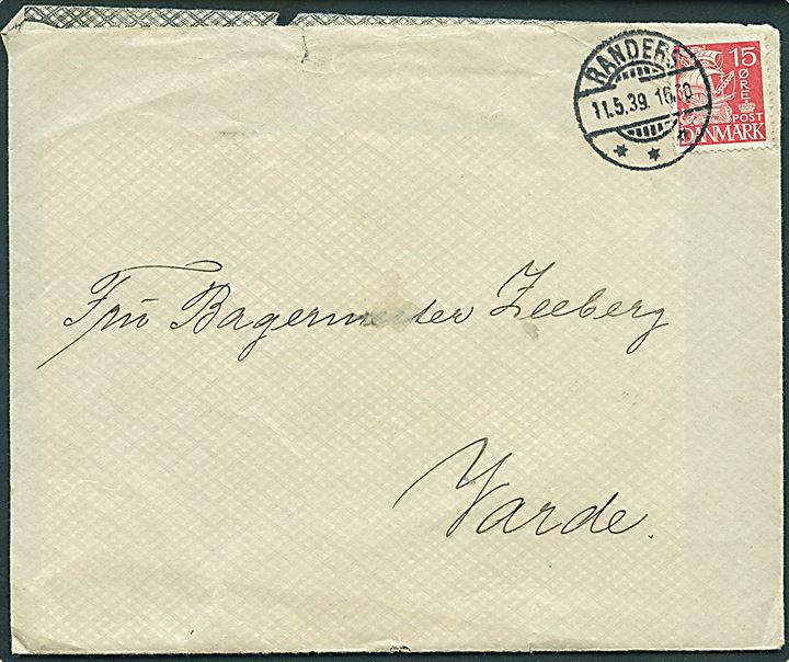 15 øre Karavel på brev annulleret med brotype Id Randers *** d. 11.5.1939 til Varde. Sjældent stempel.