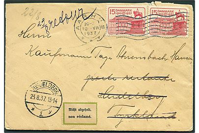 15 øre Regentjubilæum (2) på brev fra Aarhus d. 20.8.1937 til poste restante i Heidelberg, Tyskland. Retur med to 2-sprogede etiketter Nicht abgeholt.