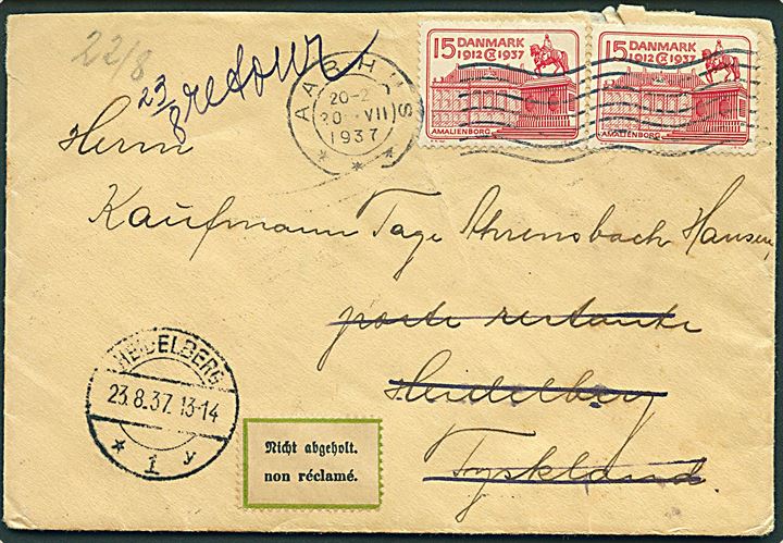 15 øre Regentjubilæum (2) på brev fra Aarhus d. 20.8.1937 til poste restante i Heidelberg, Tyskland. Retur med to 2-sprogede etiketter Nicht abgeholt.