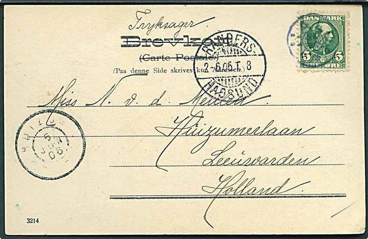 5 øre Chr. IX på brevkort sendt som tryksag annulleret med stjernestempel HALD og sidestemplet bureau Randers - Hadsund T.8 d. 2.6.1906 til Leeuwarden, Holland.
