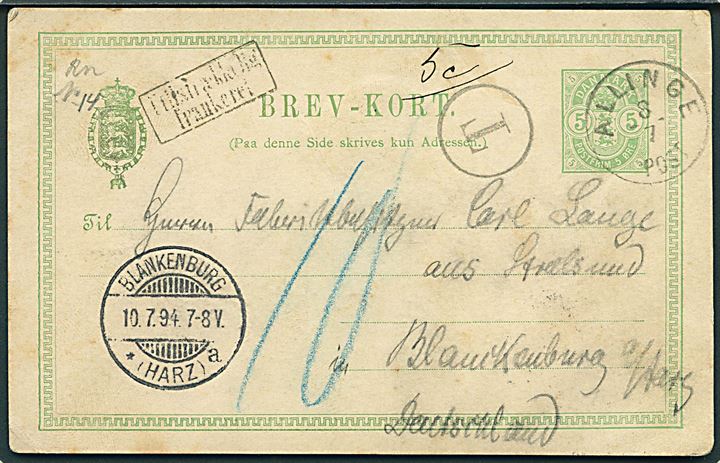 5 øre Våben helsagsbrevkort sendt underfrankeret med lapidar Allinge d. 8.7.1894 til Blankenburg, Tyskland. Sort T-stempel og Utilstrækkelig frankeret. Udtakseret i 10 pfg. tysk porto.