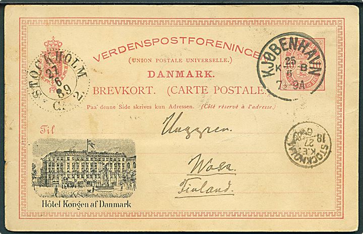 10 øre Våben helsagsbrevkort med privat tiltryk Hôtel Kongen af Danmark stemplet Kjøbenhavn KB d. 25.6.1889 via Stockholm og Åbo til Wasa, Finland.