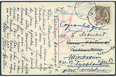 25 øre Chr. X på brevkort annulleret med brotype IIIb Aalsgaarde d. 9.9.1922 til Wiesbaden, Tyskland. Retur med flere stempler.