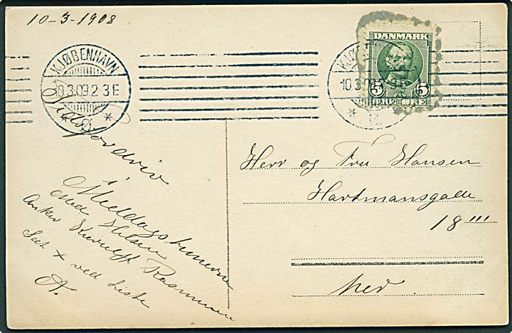 5 øre Fr. VIII på brevkort (Mand ved maskine) sendt lokalt i København d. 10.3.1909. Valgagitation Sæt X ved liste A fra kommunalvalget d. 12.3.1909.