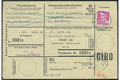 75 øre Fr. IX på retur Indkasserings-Indbetalingskort fra Børkop d. 18.1.1951 til Svendborg.