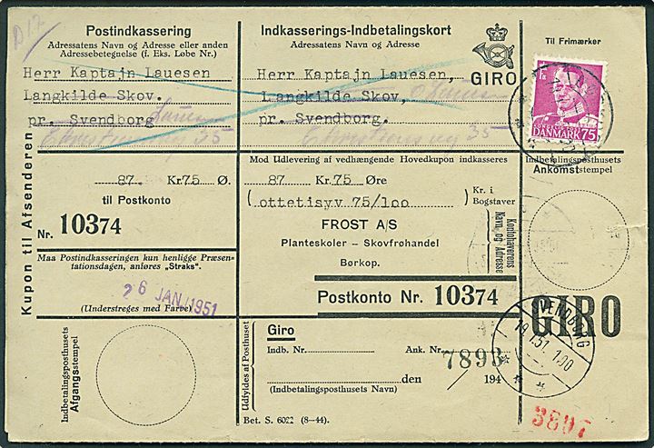 75 øre Fr. IX på retur Indkasserings-Indbetalingskort fra Børkop d. 18.1.1951 til Svendborg.