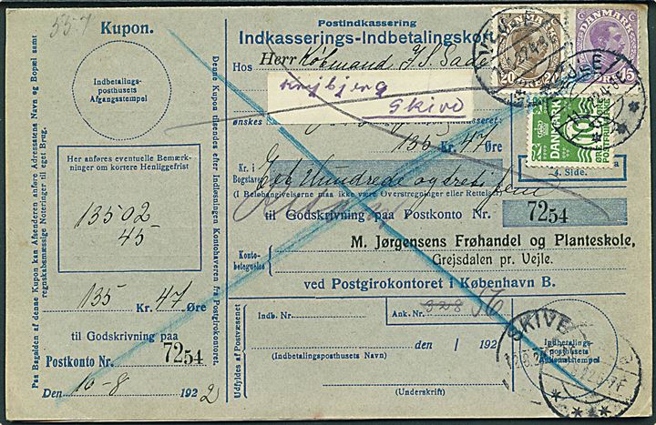 10 øre Bølgelinie, 15 øre og 20 øre Chr. X på retur Indkasserings-Indbetalingskort fra Vejle d. 11.8.1922 til Skive.