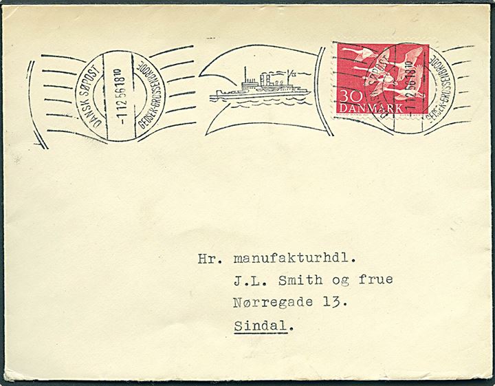 30 øre Nordens Dag på brev annulleret med håndrulle skibsstempel Dansk Søpost Gedser-Grossenbrode d. 11.12.1956 til Sindal.