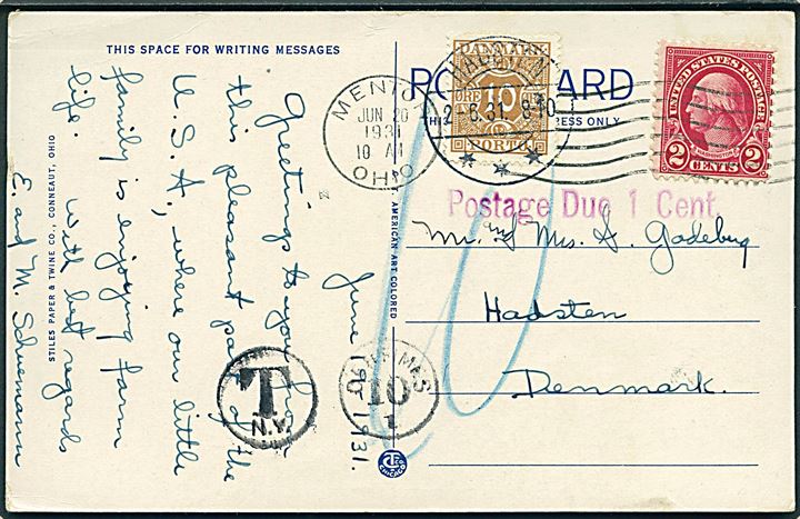 Amerikansk 2 cents Washington på underfrankeret brevkort fra Mentor d. 20.6.1931 til Hadsten, Danmark. Rødt stempel Postage Due 1 Cent og udtakseret i dansk porto med 10 øre Portomærke stemplet Hadsten d. 2.6.1931 (fejlindstillet dato).