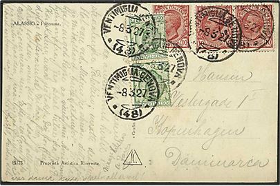 10 c. (3) og 25 c. (2) på brevkort stemplet Ventimiglia Genova d. 8.3.1927 til København, Danmark.