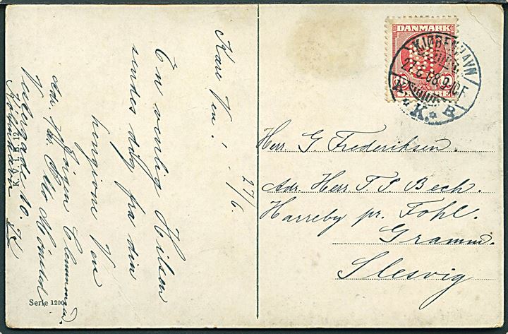 10 øre Fr. VIII med perfin M. på brevkort fra Kjøbenhavn d. 27.6.1908 til Gramm, Slesvig. Meddelelse fra firma Otto Mønsted.