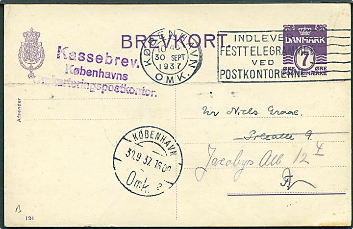 7 øre helsagsbrevkort (fabr. 124) sendt lokalt i København d. 30.9.1937. Violet stempel: Kassebrev Københavns Omkarteringspostkontor.