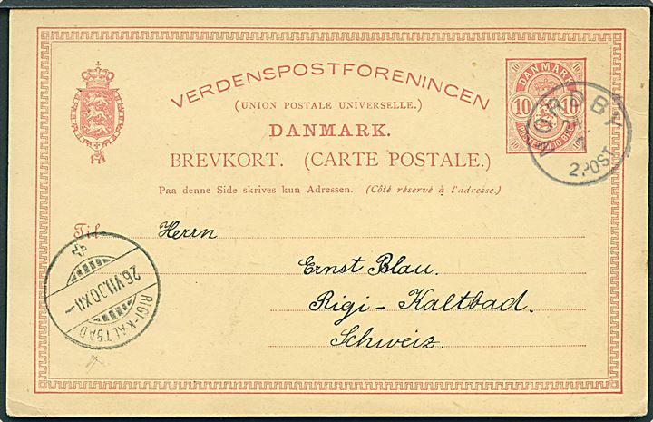 10 øre helsagsbrevkort annulleret med lapidar Nordby d. 24.7.1900 til Rigi-Kaltbad, Schweiz.