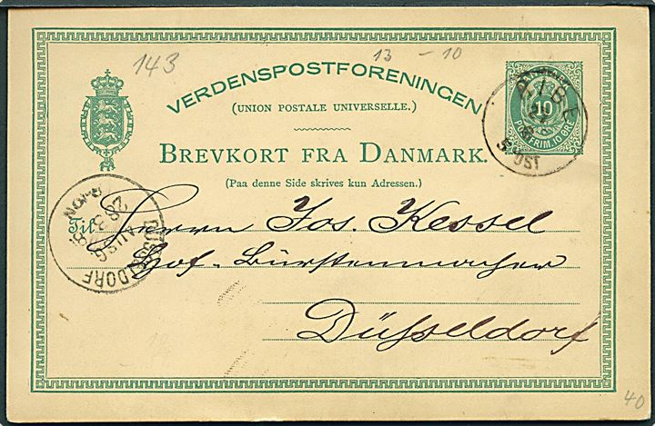 10 øre helsagsbrevkort annulleret med lapidar Ribe d. 27.8.1880 til Düsseldorf, Tyskland.