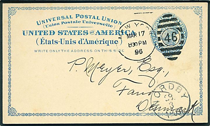 Amerikansk 2 cents helsagsbrevkort fra New York d. 17.3.1896 til Fanø, Danmark. Ank.stemplet lapidar Nordby d. 29.3.1896. Uden meddelelse.