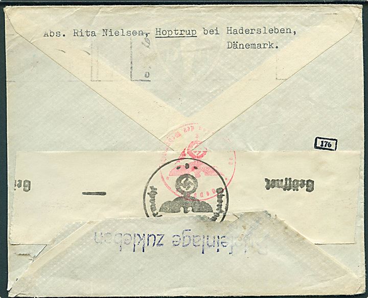 40 øre Vitus Bering på brev fra Haderslev d. 23.12.1942 til Internationale Røde Kors i Geneve, Schweiz. Åbnet af tysk censur i Frankfurt med stempel Briefeinlage zukleben (Landsmann type EB7.3) under censurbanderole. Sjældent stempel kun registreret på et enkelt brev fra Zürich til Berlin i maj 1942.
