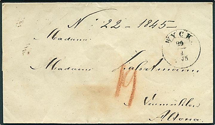 1845. Portobrev med 1½ ringsstempel WYCK. d. 29.8.1845 til Neumühlen, Altona. Påskrevet 19 sk. porto. 