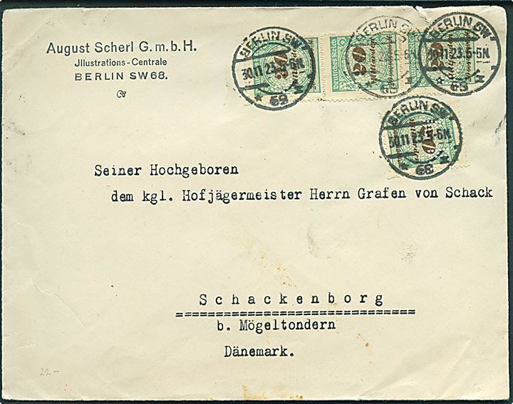 20 mia.mk. (4) med perfin ? A. B. på 320 mia.mk. Vierfach inflabrev fra firma August Scherl i Berlin d. 30.11.1923 til Møgeltønder, Danmark. Meget sent inflabrev til Danmark. 