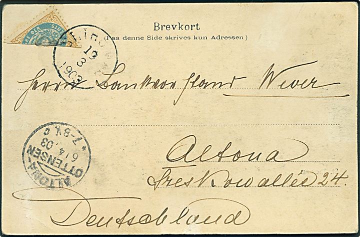 Halveret 4 cents Tofarvet på brevkort (Kvindelige kullastere i St. Thomas) fra St. Thomas d. 19.3.1903 til Altona, Tyskland.
