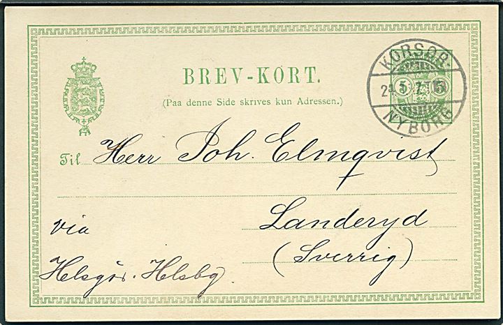 5 øre Våben helsagsbrevkort fra Nyborg annulleret med sejlende bureaustempel Korsør - Nyborg d. 24.1.1897 til Landeryd, Sverige. Påskrevet: Helsgør - Helsbg..