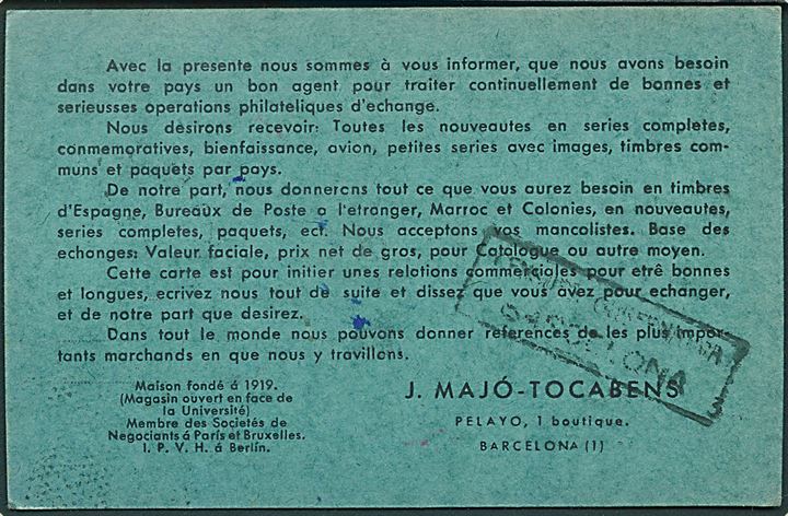 15 cts. Rytter på tryksagskort fra Barcelona d. 3.12.1942 til København, Danmark. Spansk og tysk censur, samt dansk tryksagskontrol Tilladt Indført U.M..