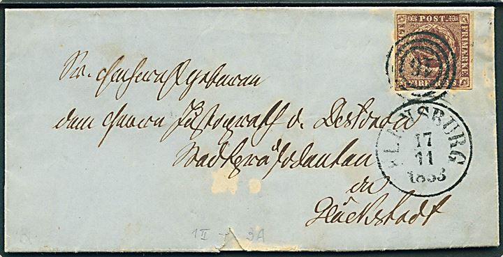 4 R.B.S. Thiele II på brev annulleret med nr.stempel 16 og sidestemplet Flensburg d. 17.11.1853 til Glückstadt.
