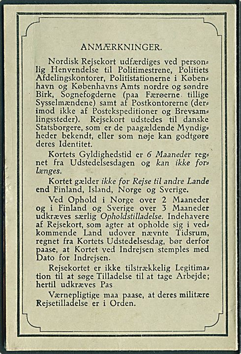 Nordisk Rejsekort uden frankering udstedt i Esbjerg d. 7.8.1934 med stempler fra Frederikshavn og Kristiansand S. i Norge.