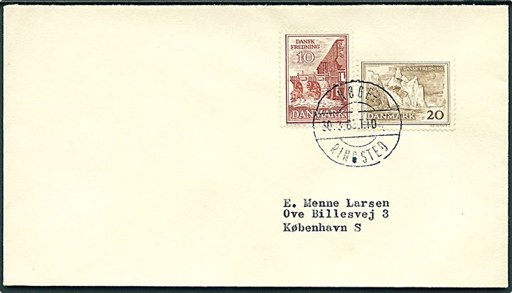 10 øre og 20 øre Dansk Fredning på brev annulleret med bureaustempel Køge - Ringsted T.10 d. 30.3.1963 til København.