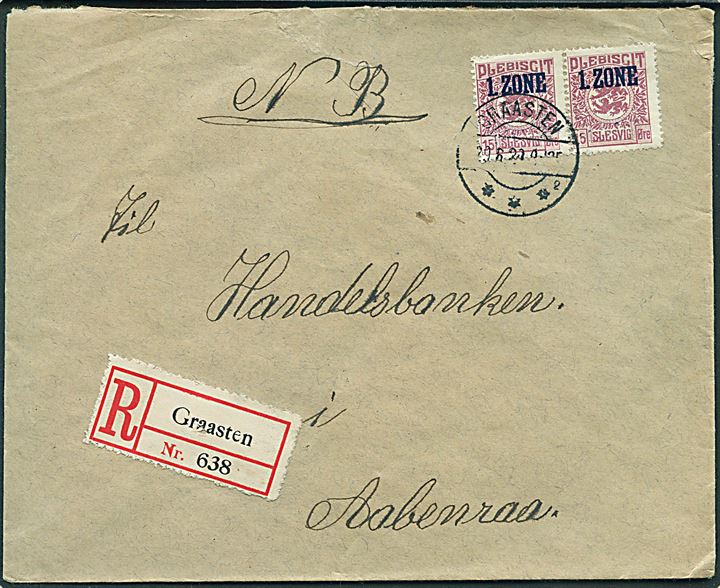 15 øre 1. Zone i vandret parstykke på anbefalet brev annulleret med brotype IIb Graasten sn2 d. 29.6.1920 til Aabenraa.