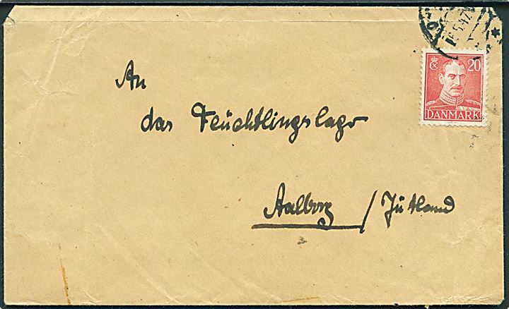 20 øre Chr. X på brev annulleret med yderligt placeret stempel i Oksbøl d. 6.5.1947 til Flygtningelejren i Aalborg. På bagsiden rammestempel: Ermittlungsdienst / Oksbøl - Dänemark.