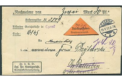 Ufrankeret tjenestebrev med postopkrævning fra Czersk d. 19.9.1913 til Altkirschau. Retur.