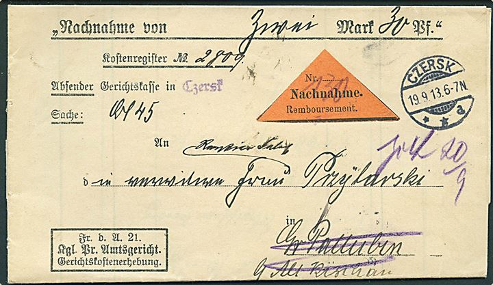 Ufrankeret tjenestebrev med postopkrævning fra Czersk d. 19.9.1913 til Altkirschau. Retur.