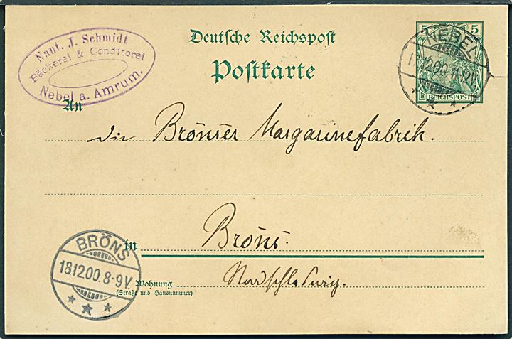 5 pfg. Germania helsagsbrevkort fra Nebel på Amrum annulleret Nebel d. 17.12.1900 til Bröns. Ank.stemplet d. 18.12.1900.