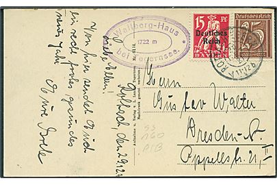 15 pfg. Bayern Deutsches Reich provisorium og 25 pfg. Ciffer på brevkort fra Rottach-Egern d. 29.12.1921 til Dresden. Privat sidestempel fra Wallberg-Haus bei Tegernsee.
