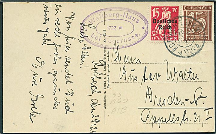 15 pfg. Bayern Deutsches Reich provisorium og 25 pfg. Ciffer på brevkort fra Rottach-Egern d. 29.12.1921 til Dresden. Privat sidestempel fra Wallberg-Haus bei Tegernsee.