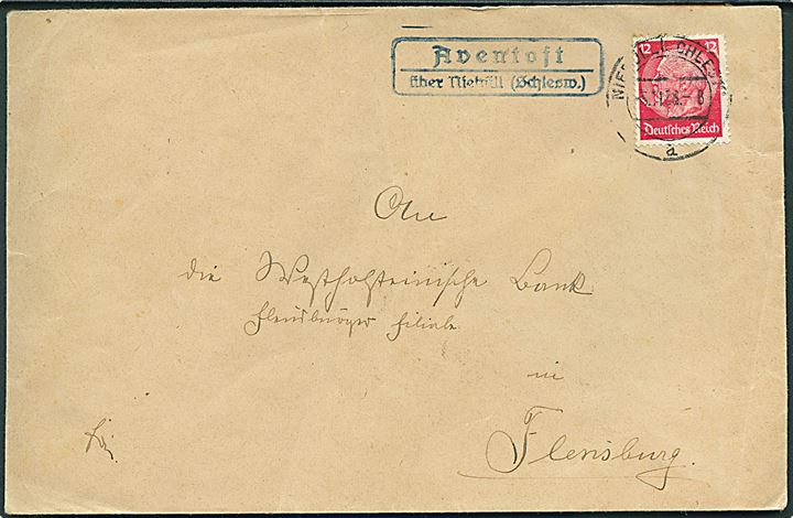 12 pfg. Hindenburg på brev annulleret Niebüll (Schleswig) d. 5.11.1938 og sidestemplet Aventoft über Niebüll (Schlesw.) til Flensburg.