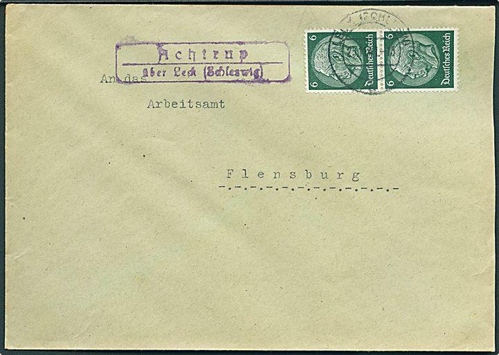 6 pfg. Hindenburg i parstykke på brev annulleret Leck (Schleswig) d. 25.11.1941 og sidestemplet Achtrup über Leck (Schleswig) til Fansburg.