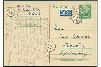 10 pfg. Heuss helsagsbrevkort og 2 pfg. Berlin Notopfer annulleret (24b) St Peter-Süd (Nordseebad) d. 26.7.1955 til Ratzeburg.