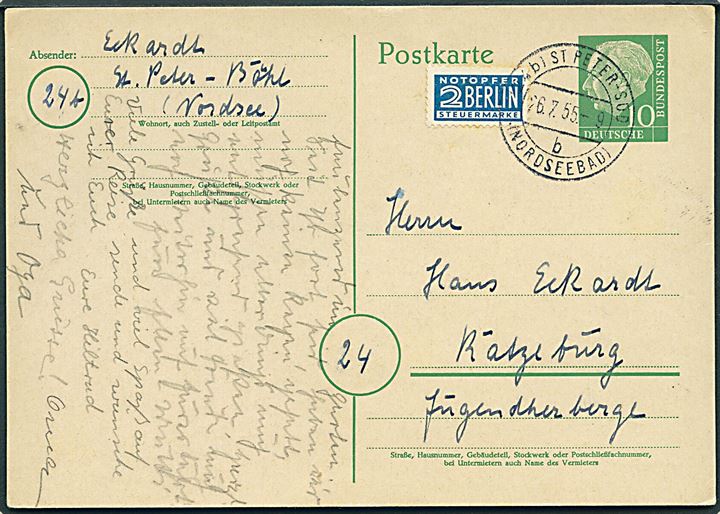 10 pfg. Heuss helsagsbrevkort og 2 pfg. Berlin Notopfer annulleret (24b) St Peter-Süd (Nordseebad) d. 26.7.1955 til Ratzeburg.