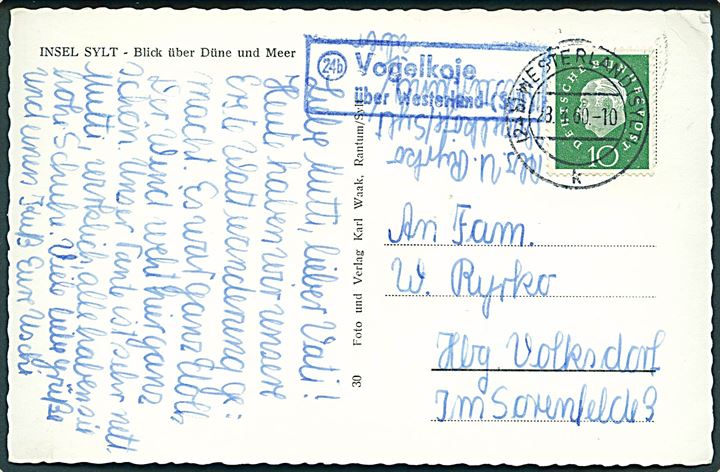 10 pfg. Heuss på brevkort annulleret Westerland (Sylt) d. 23.4.1960 og sidestemplet 24b Vogelkoje über Westerland (Sylt) til Hamburg-Volksdorf. 