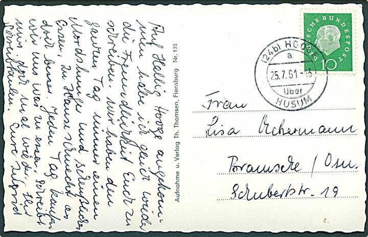 10 pfg. Heuss på brevkort (Hallig Hooge) stemplet (24b) Hooge über Husum d. 25.7.1961 til Tyskland.