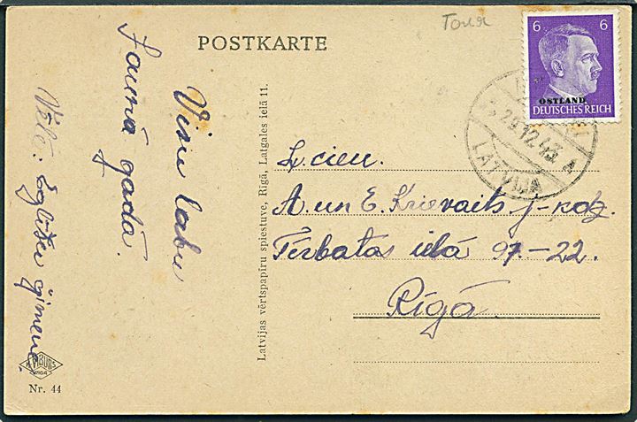 Ostland. 6 pfg. Hitler Ostland provisorium på brevkort sendt lokalt i Riga d. 29.12.1943.
